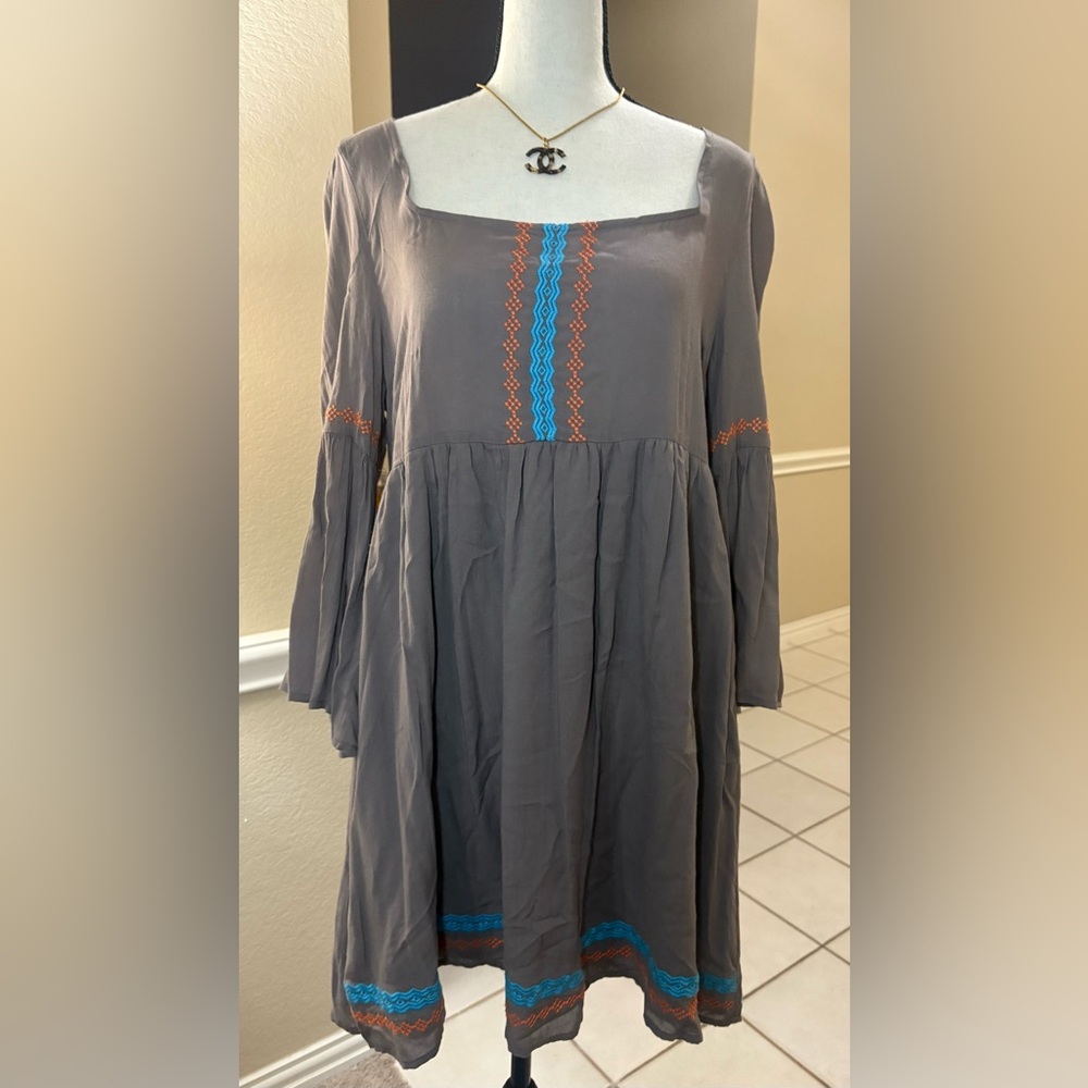 Umgee Gray Mini Dress or Tunic with Embroidered Details